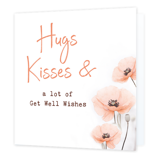Hugs kisses - Formaat: Normaal - Vorm: Vierkant - Beterschapskaart - Op deze wenskaart staan roze bloemen met daarnaast de tekst: "Hugs kisses & a lot of get well wishes". - Snelwenskaart