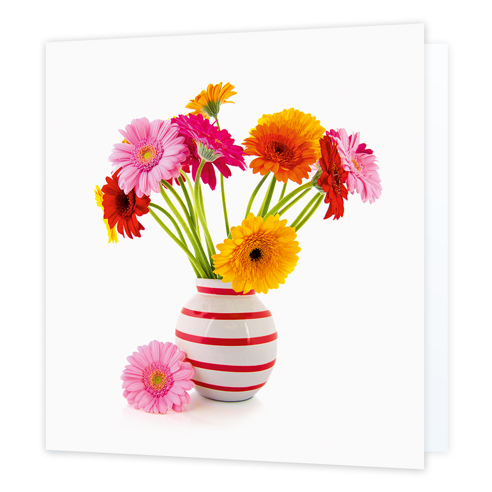 Bloemen - Formaat: Standaard - Vorm: Vierkant - Blanco kaart - Op deze wenskaart staat een vaas met bloemen in de kleuren roze en oranje. - Snelwenskaart