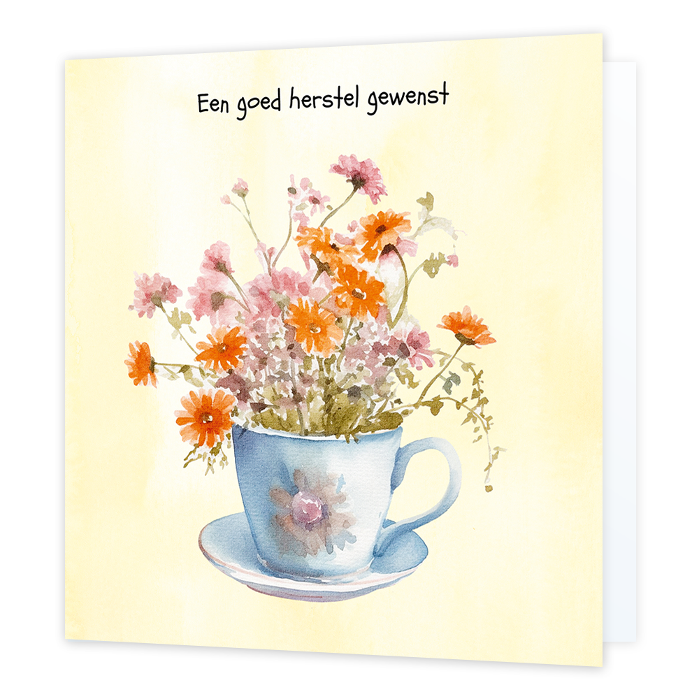 Een goed herstel gewenst - Formaat: Standaard - Vorm: Vierkant - Beterschapskaart - Op deze wenskaart staat een kopje waar bloemen uit komen. Boven de illustratie staat de tekst: "Een goed herstel gewenst". - Snelwenskaart