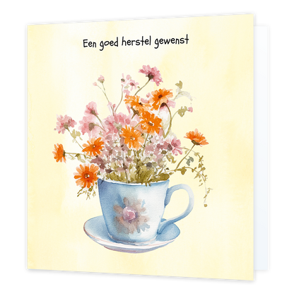 Een goed herstel gewenst - Formaat: Standaard - Vorm: Vierkant - Beterschapskaart - Op deze wenskaart staat een kopje waar bloemen uit komen. Boven de illustratie staat de tekst: "Een goed herstel gewenst". - Snelwenskaart