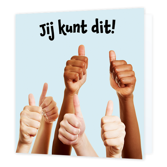 Jij kunt dit! Succeskaart - Formaat: Normaal - Vorm: Vierkant - Succes kaart - Op deze wenskaart staan duimen met daarboven de tekst: "Jij kunt dit!". - Snelwenskaart