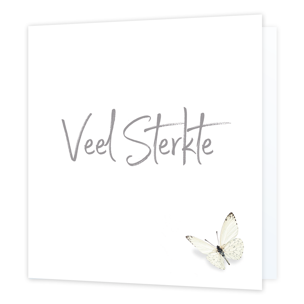 Veel sterkte - Formaat: Normaal - Vorm: Vierkant - Condoleance kaart - Op deze wenskaart is rechts onderin een witte vlinder te zien op een witte achtergrond. In het midden staat de tekst: "Veel sterkte". - Snelwenskaart