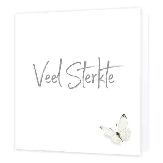 Veel sterkte - Formaat: Normaal - Vorm: Vierkant - Condoleance kaart - Op deze wenskaart is rechts onderin een witte vlinder te zien op een witte achtergrond. In het midden staat de tekst: "Veel sterkte". - Snelwenskaart