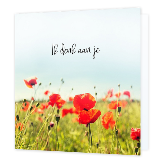 Ik denk aan je - Formaat: Normaal - Vorm: Vierkant - Denken aan kaart - Op deze wenskaart staat een veld met klaprozen en daarboven de tekst: "Ik denk aan je". - Snelwenskaart