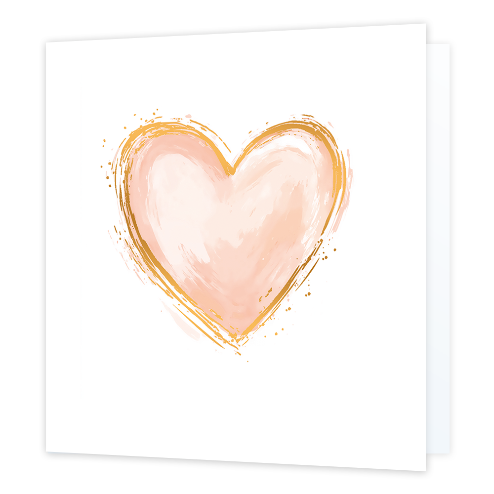 Roze met gouden hart - Formaat: Standaard - Vorm: Vierkant - Blanco kaart - Op deze wenskaart is een roze hart te zien met gouden omlijning, op een witte achtergrond. - Snelwenskaart