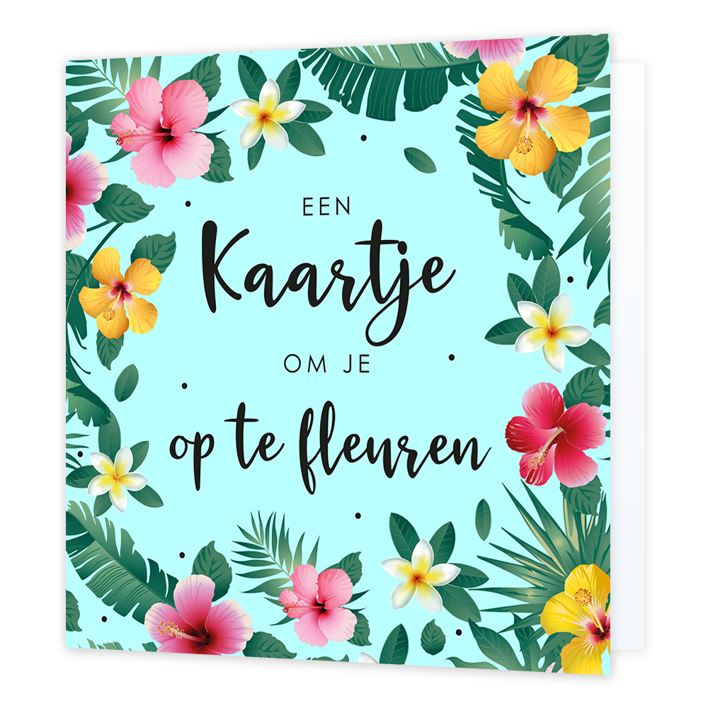 Een kaartje om je op te fleuren - Formaat: Normaal - Vorm: Vierkant - Denken aan kaart - Op deze wenskaart staan bloemen in de kleuren oranje, roze en wit, omringt door groene bladeren. In het midden staat de tekst: "Een kaartje om je op te fleuren". - Snelwenskaart