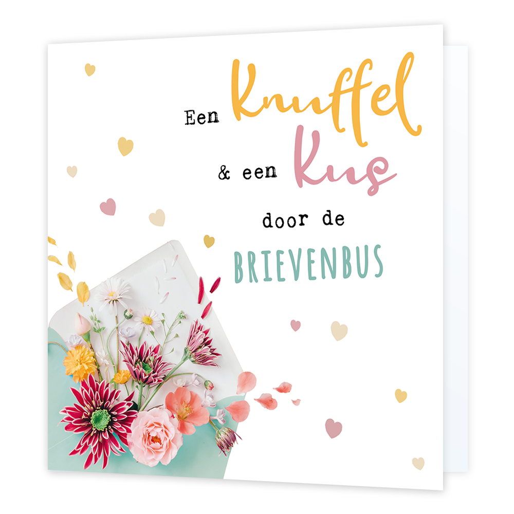 Een knuffel - Formaat: Normaal - Vorm: Vierkant - Vriendschapskaart - Op deze wenskaart staat een envelop waar bloemen en hartjes uit komen. In de illustratie staat de tekst: "Een knuffel & een kus door de brievenbus". - Snelwenskaart