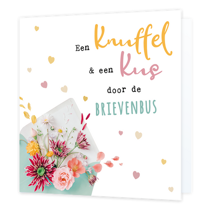 Een knuffel - Formaat: Normaal - Vorm: Vierkant - Vriendschapskaart - Op deze wenskaart staat een envelop waar bloemen en hartjes uit komen. In de illustratie staat de tekst: "Een knuffel & een kus door de brievenbus". - Snelwenskaart