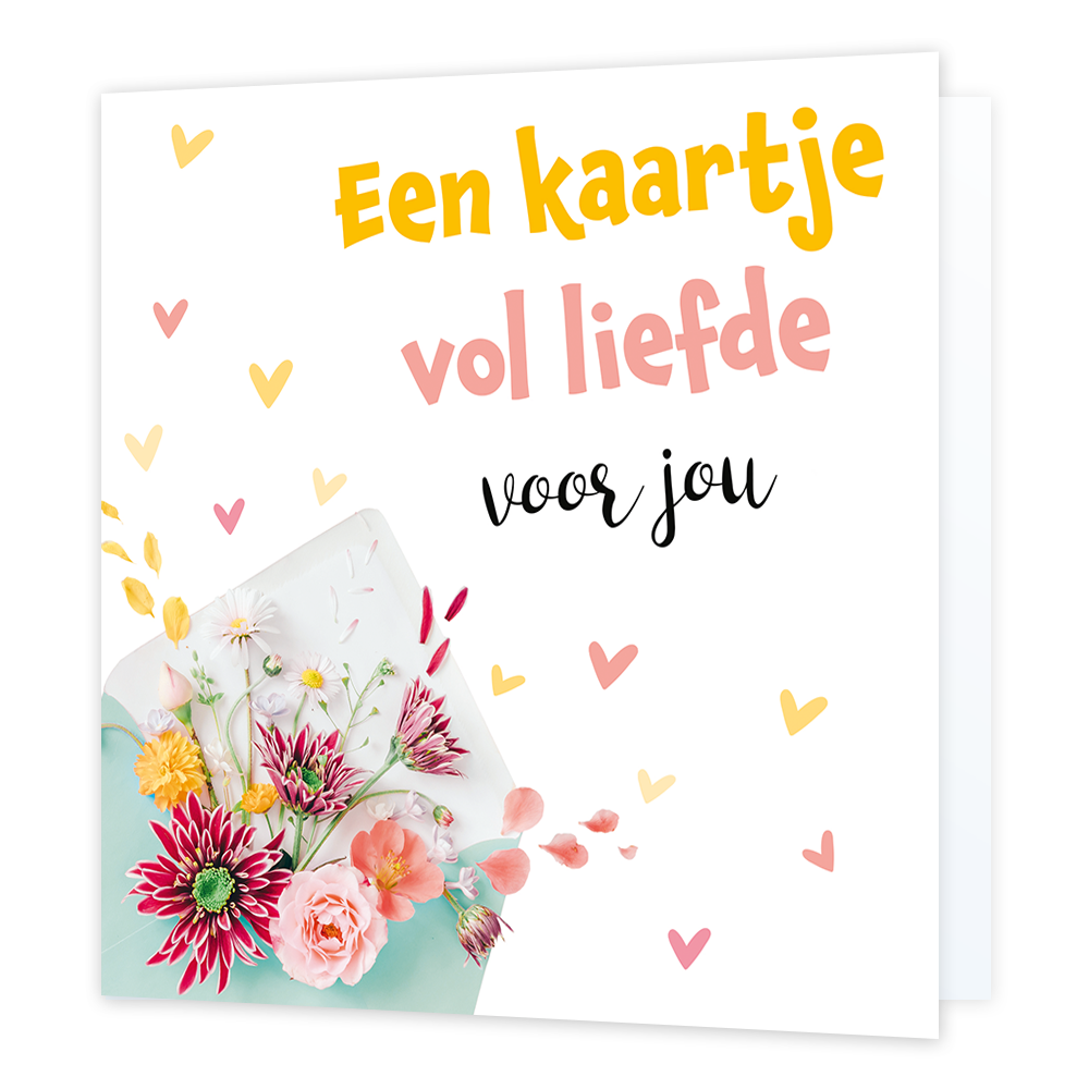 Een kaartje vol liefde voor jou - Formaat: Normaal - Vorm: Vierkant - Liefdeskaart - Op deze wenskaart is een envelop te zien waar bloemen en hartjes uit komen. Rechts bovenin staat de tekst: "Een kaartje vol liefde voor jou". - Snelwenskaart