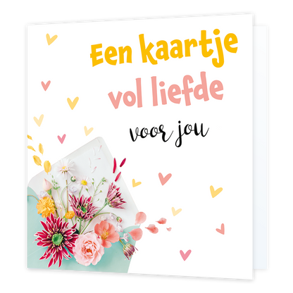 Een kaartje vol liefde voor jou - Formaat: Normaal - Vorm: Vierkant - Liefdeskaart - Op deze wenskaart is een envelop te zien waar bloemen en hartjes uit komen. Rechts bovenin staat de tekst: "Een kaartje vol liefde voor jou". - Snelwenskaart
