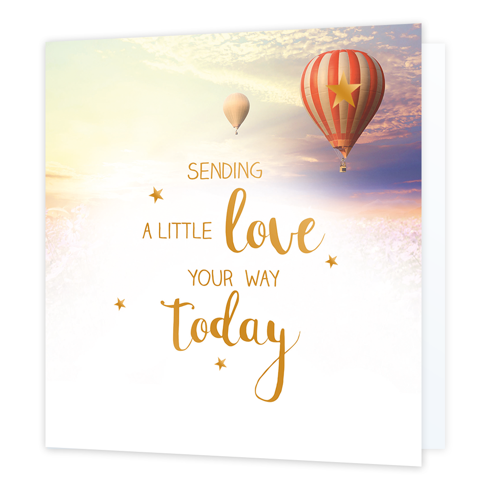 Sending a little love - Formaat: Normaal - Vorm: Vierkant - Denken aan kaart - Op deze wenskaart staan twee luchtballonnen die door de wolken zweven. In het midden staat de tekst: "Sending a little love your way today". - Snelwenskaart