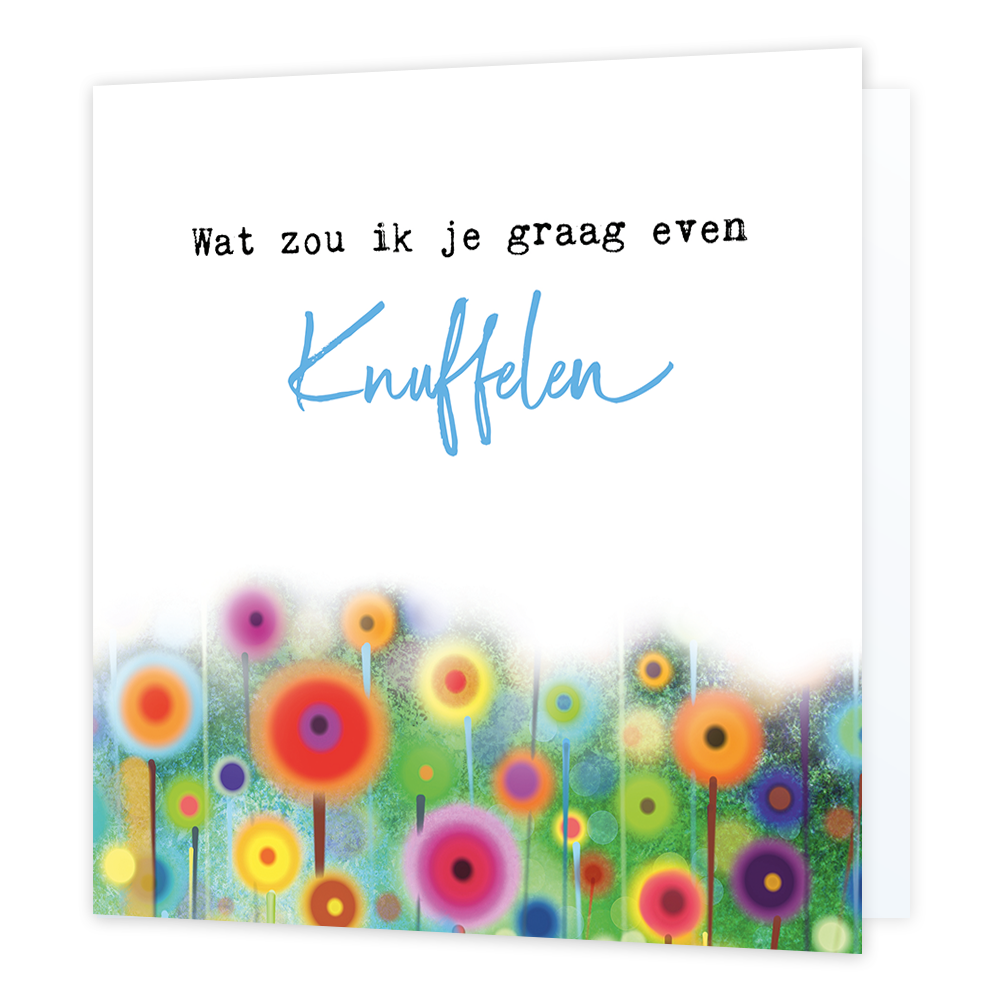 Wat zou ik je graag even knuffelen - Formaat: Normaal - Vorm: Vierkant - Vriendschapskaart - Op deze artistieke wenskaart staat een ontwerp met de kleuren rood, paars, geel, oranje, groen en blauw. Daarboven staat de tekst: "Wat zou ik je graag even knuffelen". - Snelwenskaart
