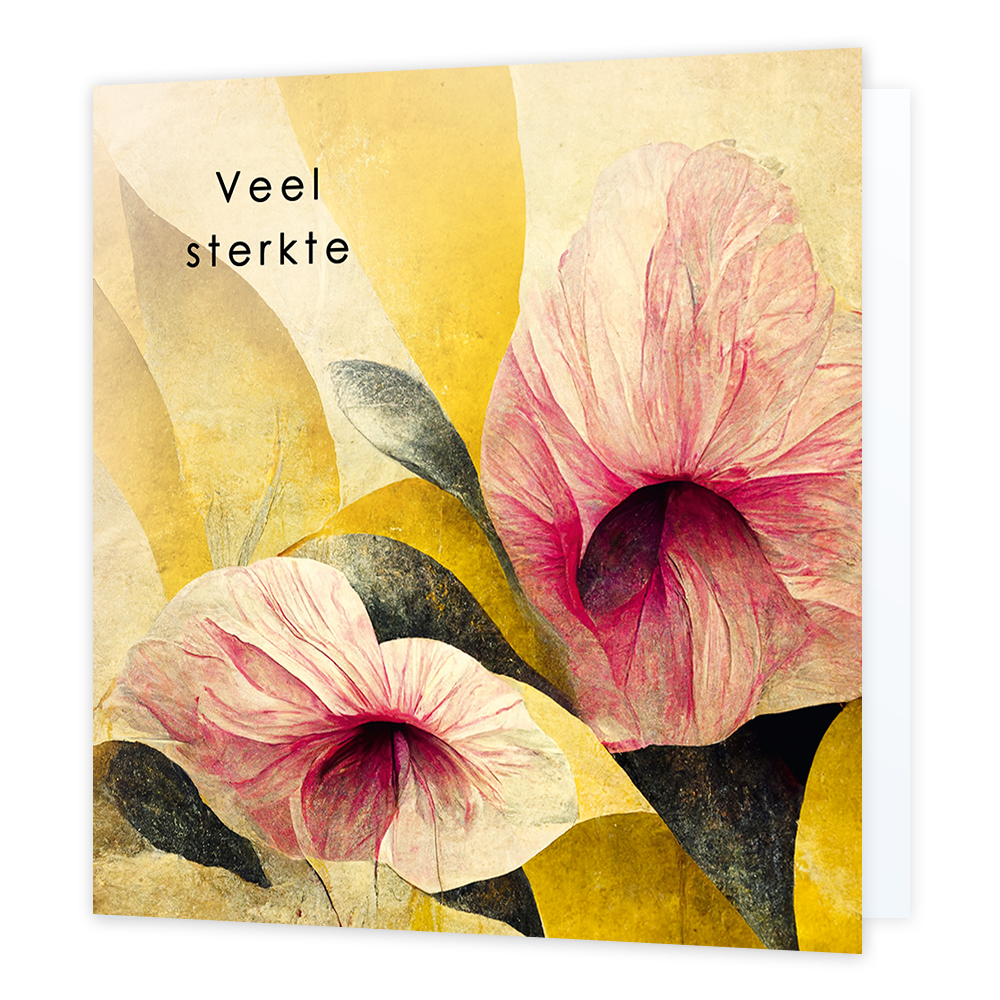 Veel sterkte - Formaat: Normaal - Vorm: Vierkant - Sterkte kaart - Op deze artistieke wenskaart staat een ontwerp met de kleuren geel, roze en groen. In de illustratie staat de tekst: "Veel sterkte". - Snelwenskaart