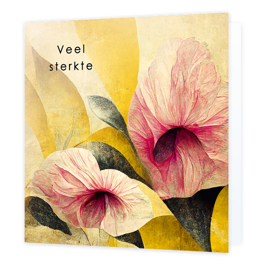 Veel sterkte - Formaat: Normaal - Vorm: Vierkant - Sterkte kaart - Op deze artistieke wenskaart staat een ontwerp met de kleuren geel, roze en groen. In de illustratie staat de tekst: "Veel sterkte". - Snelwenskaart