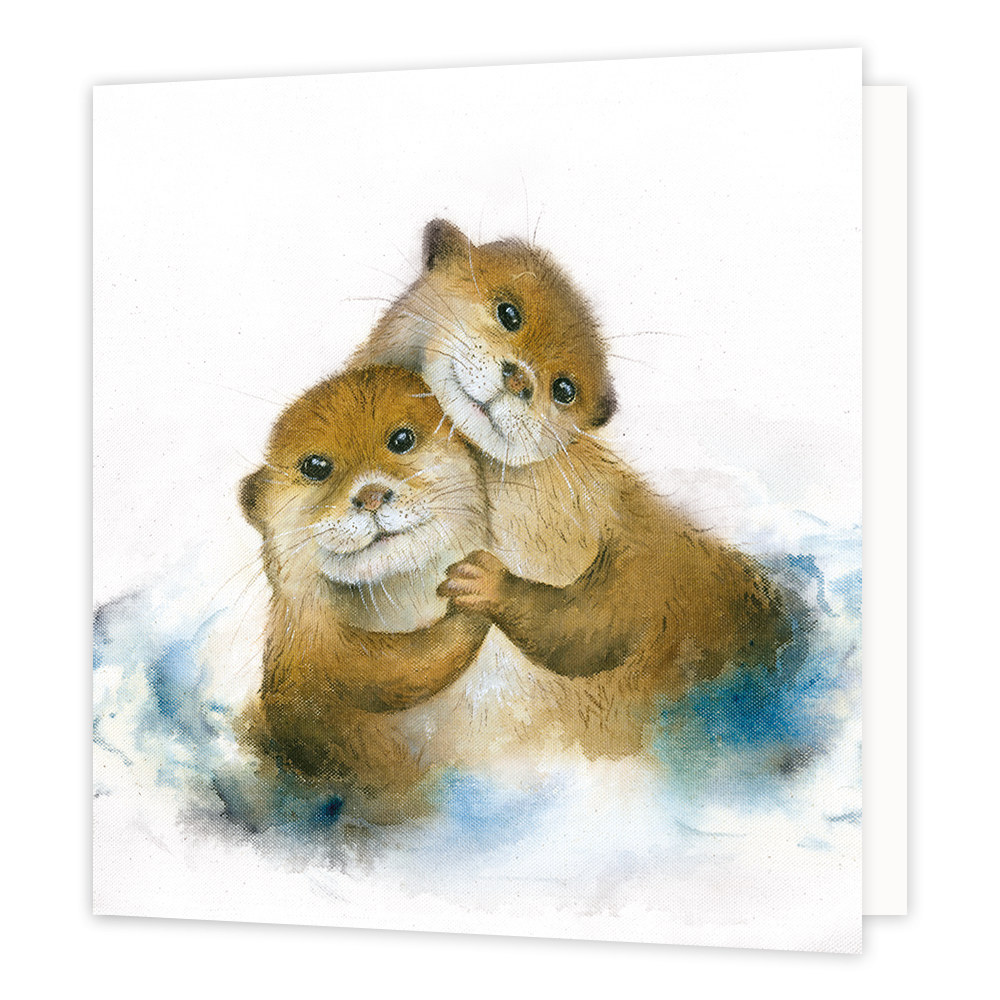 Otters - Formaat: Standaard - Vorm: Vierkant - Blanco kaart - Op deze wenskaart staan twee otters die elkaar een knuffel geven. - Snelwenskaart