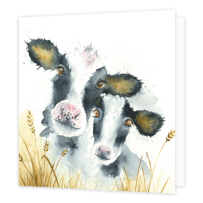 Koeien - Formaat: Normaal - Vorm: Vierkant - Blanco kaart - Op deze wenskaart staan twee koeien die boven het gras uitkijken. - Snelwenskaart