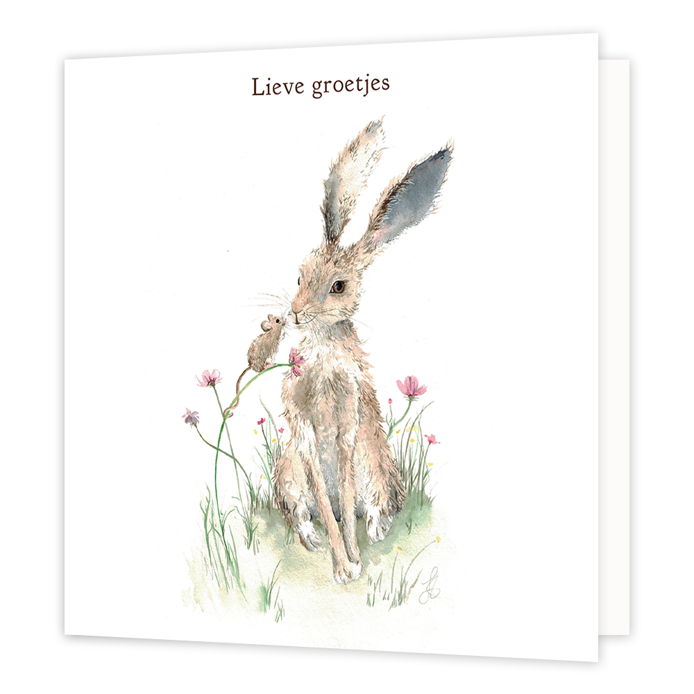 Lieve groetjes - Formaat: Standaard - Vorm: Vierkant - Denken aan kaart - Op deze wenskaart staat een konijn en een muisje met daarboven de tekst: "Lieve groetjes". - Snelwenskaart
