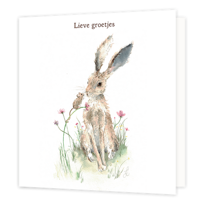 Lieve groetjes - Formaat: Standaard - Vorm: Vierkant - Denken aan kaart - Op deze wenskaart staat een konijn en een muisje met daarboven de tekst: "Lieve groetjes". - Snelwenskaart