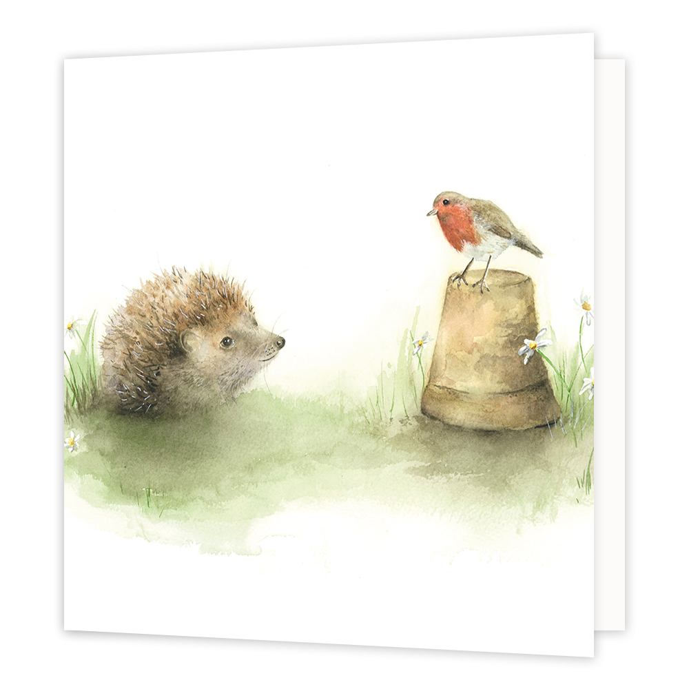 Egel en vogel - Formaat: Standaard - Vorm: Vierkant - Blanco kaart - Op deze wenskaart staan een egel en een vogel die elkaar aankijken. - Snelwenskaart