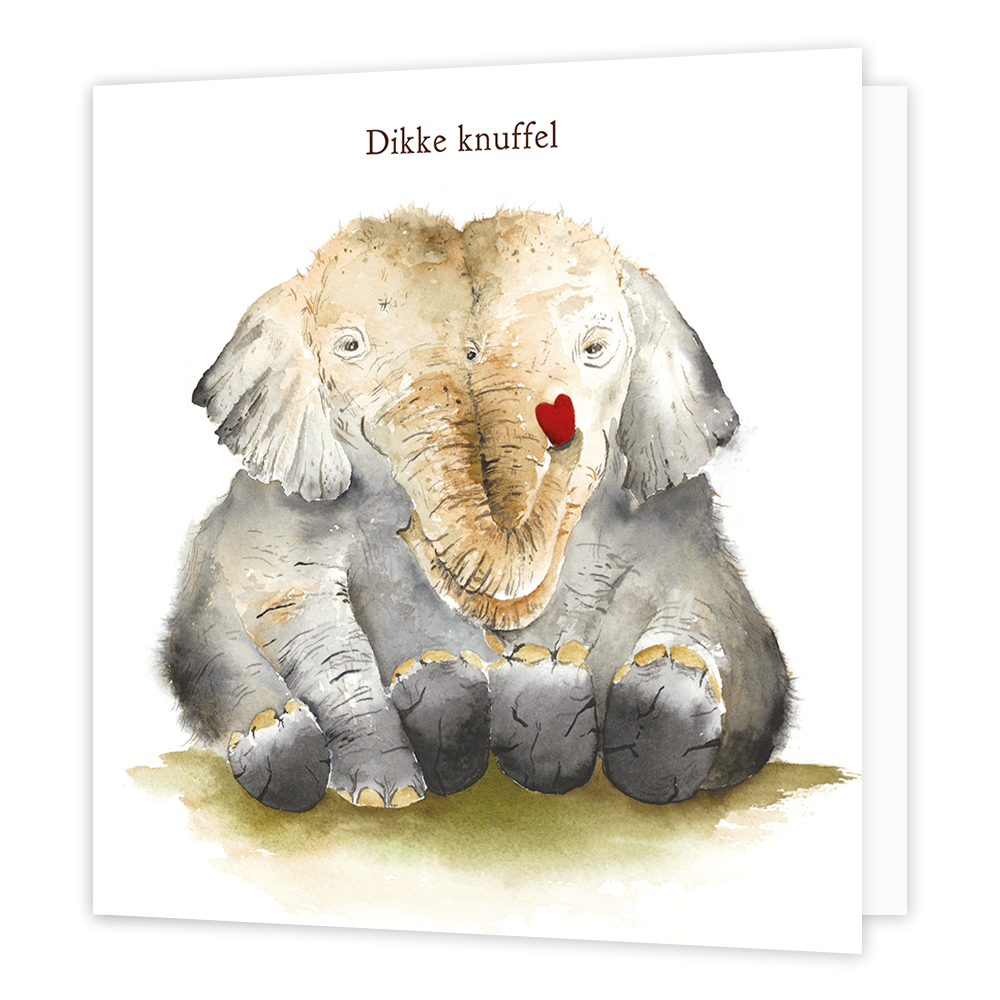Dikke knuffel - Formaat: Normaal - Vorm: Vierkant - Vriendschapskaart - Op deze wenskaart staan twee olifanten die elkaar een knuffel geven met daarboven de tekst: "Dikke knuffel". - Snelwenskaart