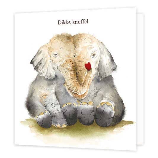 Dikke knuffel - Formaat: Normaal - Vorm: Vierkant - Vriendschapskaart - Op deze wenskaart staan twee olifanten die elkaar een knuffel geven met daarboven de tekst: "Dikke knuffel". - Snelwenskaart