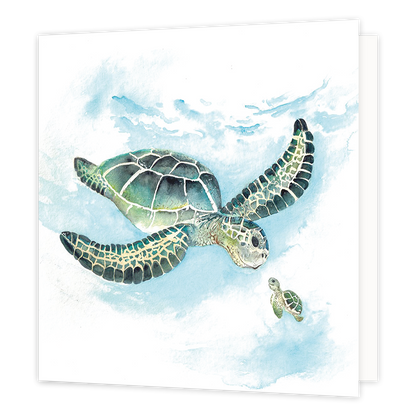 Schildpadden - Formaat: Standaard - Vorm: Vierkant - Blanco kaart - Op deze wenskaart staat een grote en een kleine schildpad die elkaar aankijken. - Snelwenskaart