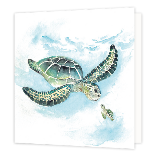 Schildpadden - Formaat: Normaal - Vorm: Vierkant - Blanco kaart - Op deze wenskaart staat een grote en een kleine schildpad die elkaar aankijken. - Snelwenskaart