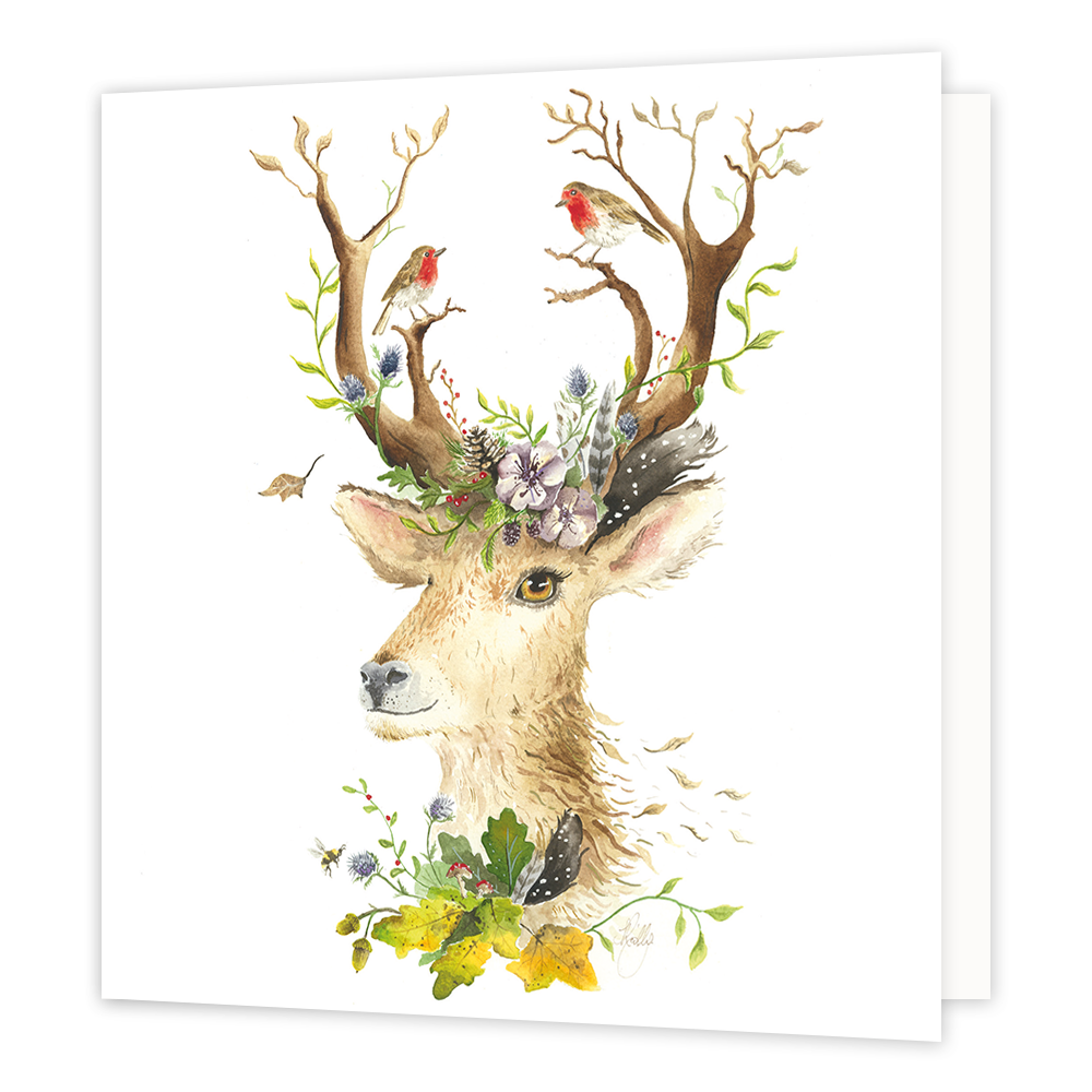 Hert - Formaat: Standaard - Vorm: Vierkant - Blanco kaart - Op deze wenskaart staat het hoofd van een hert, bekleed met bloemen en vogels. - Snelwenskaart