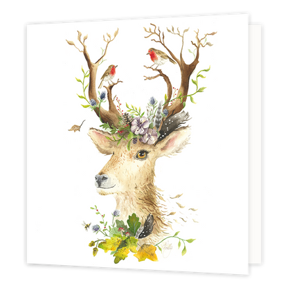 Hert - Formaat: Standaard - Vorm: Vierkant - Blanco kaart - Op deze wenskaart staat het hoofd van een hert, bekleed met bloemen en vogels. - Snelwenskaart