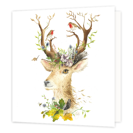 Hert - Formaat: Normaal - Vorm: Vierkant - Blanco kaart - Op deze wenskaart staat het hoofd van een hert, bekleed met bloemen en vogels. - Snelwenskaart