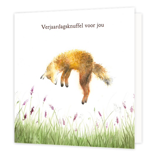 Verjaardagsknuffel voor jou - Formaat: Normaal - Vorm: Vierkant - Verjaardagskaart - Op deze wenskaart staat een vos die in de lucht springt met daarboven de tekst: "Verjaardagsknuffel voor jou". - Snelwenskaart