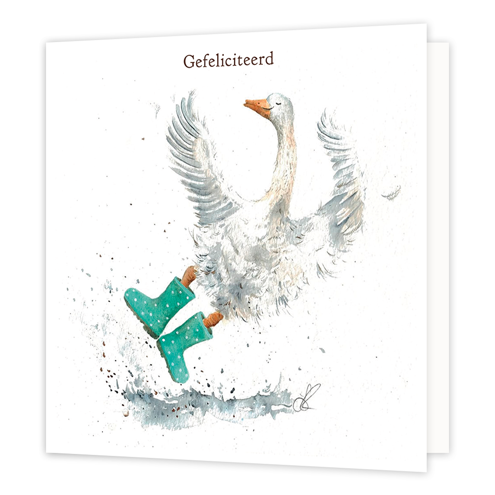 Gefeliciteerd - Formaat: Standaard - Vorm: Vierkant - Felicitatiekaart - Op deze wenskaart staat een zwaan met groene laarzen en daarboven de tekst: "Gefeliciteerd". - Snelwenskaart
