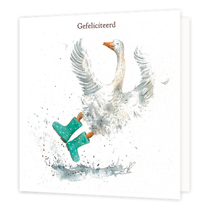 Gefeliciteerd - Formaat: Standaard - Vorm: Vierkant - Felicitatiekaart - Op deze wenskaart staat een zwaan met groene laarzen en daarboven de tekst: "Gefeliciteerd". - Snelwenskaart