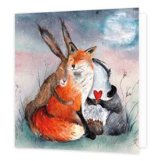 Vos, haas, das - Formaat: Normaal - Vorm: Vierkant - Blanco kaart - Op deze wenskaart staat een vos, haas en das die elkaar knuffelen. - Snelwenskaart