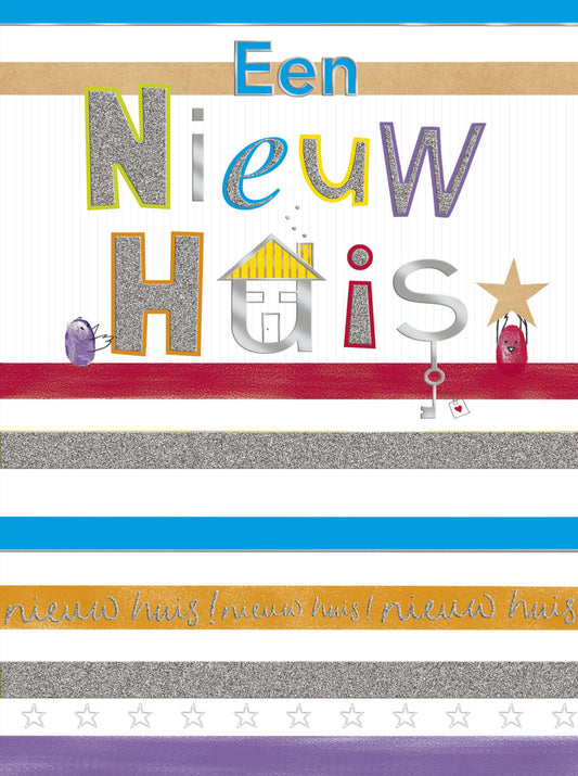 XL kaart - Een nieuw huis - Formaat: Groot - Vorm: Staand - Woningkaart - Op deze wenskaart staan lijnen in de kleuren zilver, wit, beige, blauw, rood, oranje en paars. In de illustratie staat de tekst: "Een nieuw huis". - Snelwenskaart