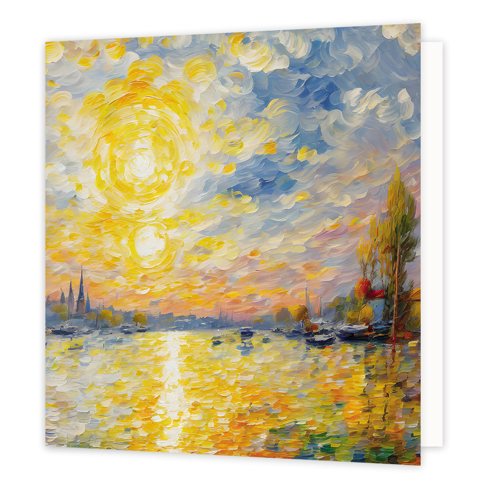 Haven zon - Formaat: Groot - Vorm: Vierkant - Blanco kaart - Op deze wenskaart is een haven te zien met een schijnende zon. - Snelwenskaart