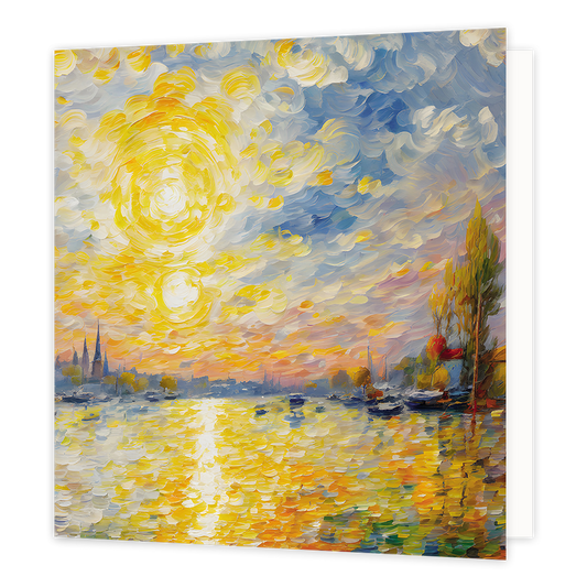 Haven zon - Formaat: Groot - Vorm: Vierkant - Blanco kaart - Op deze wenskaart is een haven te zien met een schijnende zon. - Snelwenskaart