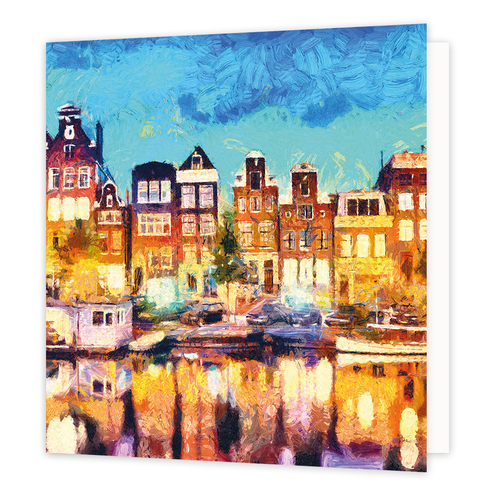 Amsterdam - Formaat: Groot - Vorm: Vierkant - Blanco kaart - Op deze wenskaart staat de binnenstad van Amsterdam met een gracht, woonboten en de welbekende herenhuizen. - Snelwenskaart