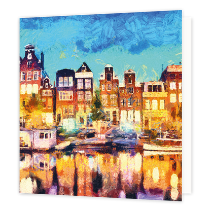 Amsterdam - Formaat: Groot - Vorm: Vierkant - Blanco kaart - Op deze wenskaart staat de binnenstad van Amsterdam met een gracht, woonboten en de welbekende herenhuizen. - Snelwenskaart