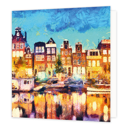 Amsterdam - Formaat: Groot - Vorm: Vierkant - Blanco kaart - Op deze wenskaart staat de binnenstad van Amsterdam met een gracht, woonboten en de welbekende herenhuizen. - Snelwenskaart