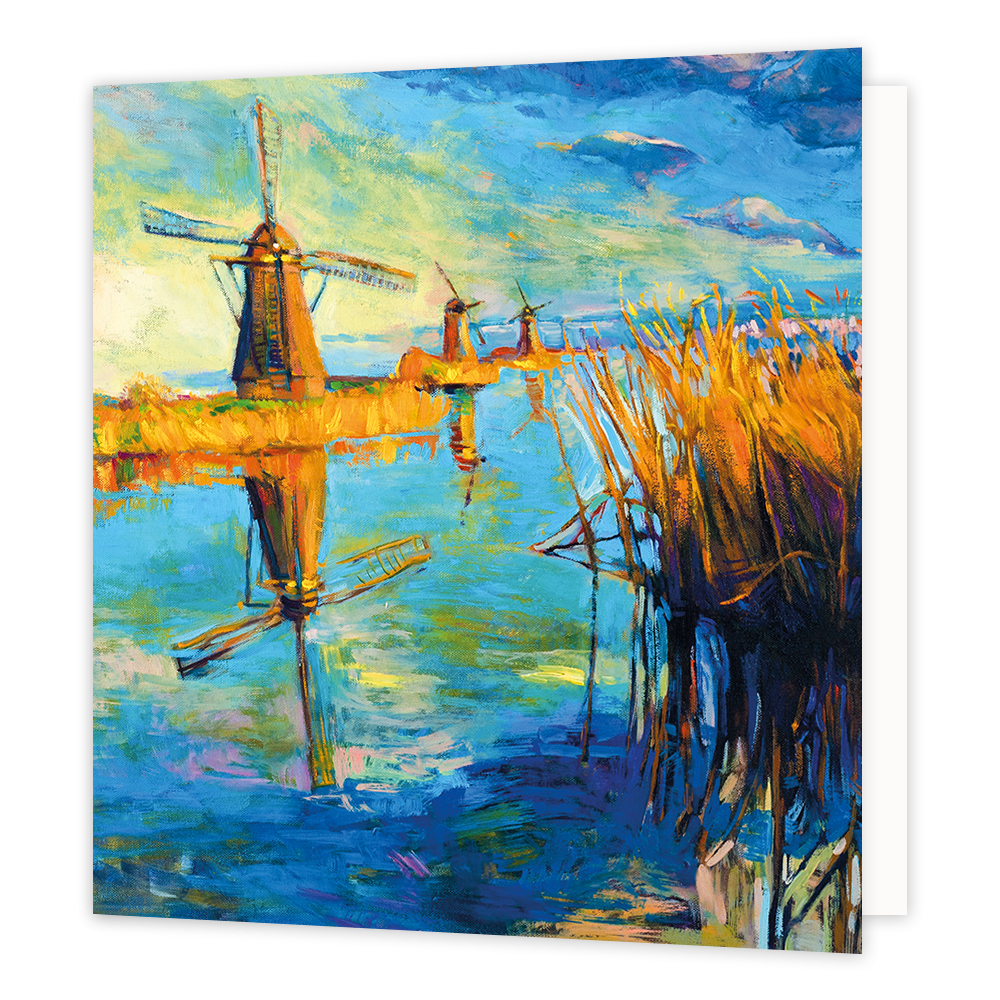 Molen landschap - Formaat: Groot - Vorm: Vierkant - Blanco kaart - Op deze wenskaart staat een molen landschap met een rivier en drie molens. - Snelwenskaart