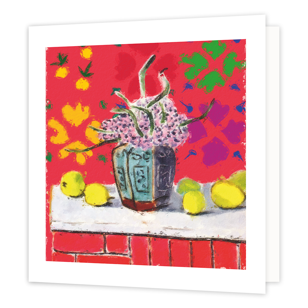 Vaas - Formaat: Standaard - Vorm: Vierkant - Blanco kaart - Op deze wenskaart staat een vaas met paarse bloemen en daarnaast gele citroenen. - Snelwenskaart