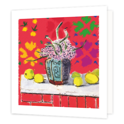 Vaas - Formaat: Standaard - Vorm: Vierkant - Blanco kaart - Op deze wenskaart staat een vaas met paarse bloemen en daarnaast gele citroenen. - Snelwenskaart