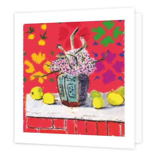 Vaas - Formaat: Normaal - Vorm: Vierkant - Blanco kaart - Op deze wenskaart staat een vaas met paarse bloemen en daarnaast gele citroenen. - Snelwenskaart