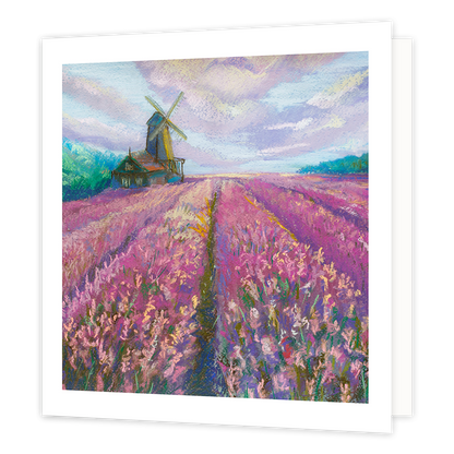 Paarse bloemenveld - Formaat: Standaard - Vorm: Vierkant - Blanco kaart - Op deze wenskaart staat een paarse bloemenveld met een molen. - Snelwenskaart