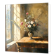 Stillleven van een bos bloemen in een vaas - Formaat: Standaard - Vorm: Vierkant - Blanco kaart - Op deze wenskaart is een stilleven van bloemen in een vaas te zien. De vaas staat io een bruine houten tafel. De tafel met bloemen staan voor het raam waar het licht van buiten op schijnt. - Snelwenskaart