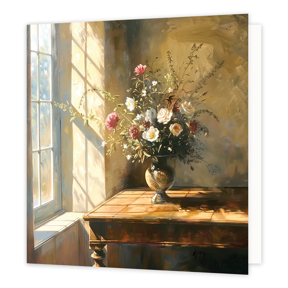 Op deze wenskaart is een stilleven van bloemen in een vaas te zien. De vaas staat io een bruine houten tafel. De tafel met bloemen staan voor het raam waar het licht van buiten op schijnt.