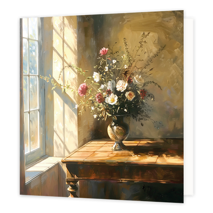 Op deze wenskaart is een stilleven van bloemen in een vaas te zien. De vaas staat io een bruine houten tafel. De tafel met bloemen staan voor het raam waar het licht van buiten op schijnt.