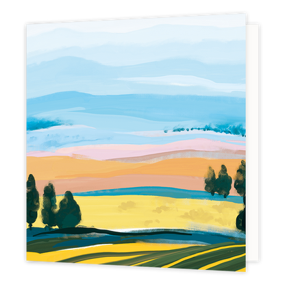 Heuvel landschap - Formaat: Standaard - Vorm: Vierkant - Blanco kaart - Op deze wenskaart staat een heuvel landschap in diverse kleuren, met bomen. - Snelwenskaart