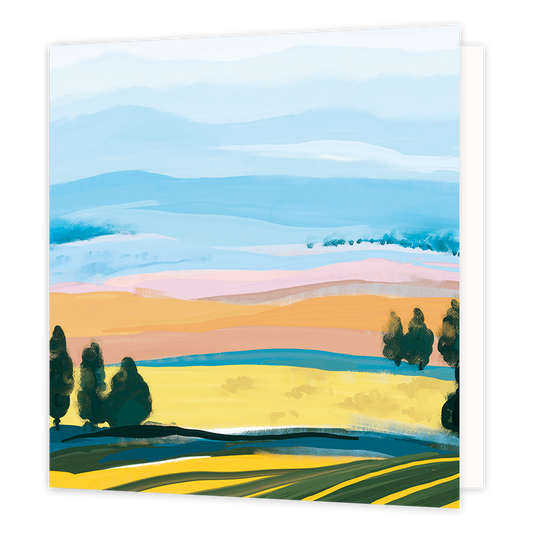 Heuvel landschap - Formaat: Normaal - Vorm: Vierkant - Blanco kaart - Op deze wenskaart staat een heuvel landschap in diverse kleuren, met bomen. - Snelwenskaart